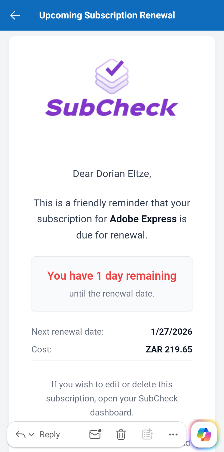 SubCheck App Screen 10