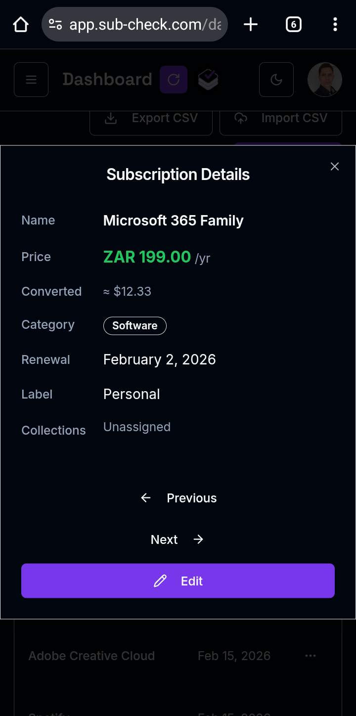 SubCheck App Screen 9